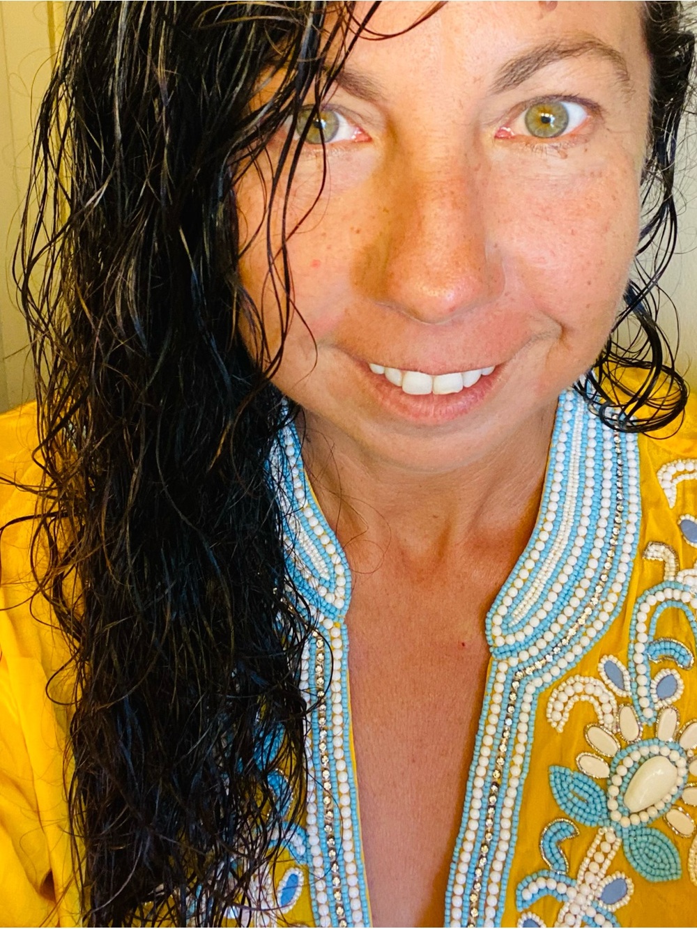 Embellished V Neck Resort Tunic Light Blue Beads Golden Yellow